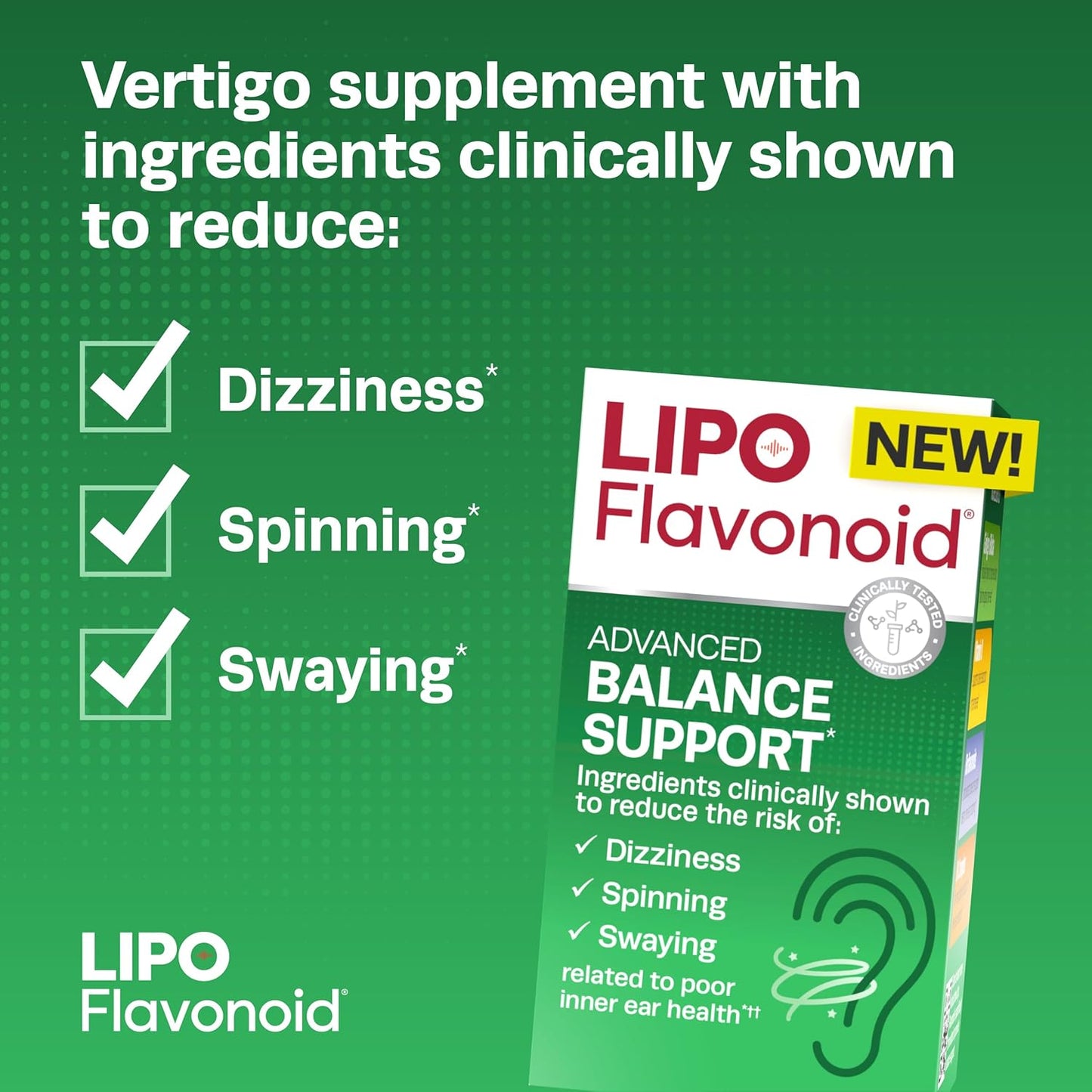 Lipo-Flavonoid Balance Support Supplement - Inner Ear Health & Vertigo Relief with Ginkgo Biloba, Bioflavonoids, & B-Vitamins - Reduces Dizziness, Spinning, & Swaying - 30-Count