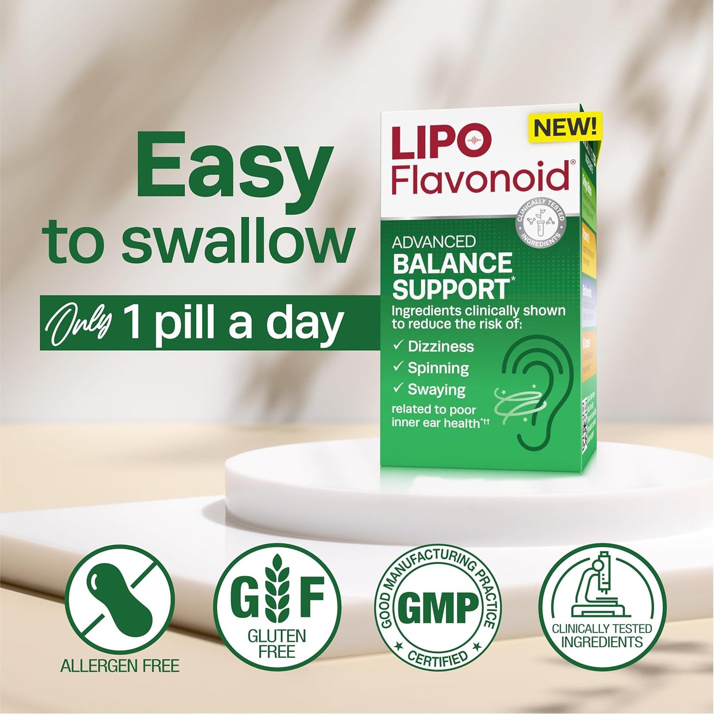 Lipo-Flavonoid Balance Support Supplement - Inner Ear Health & Vertigo Relief with Ginkgo Biloba, Bioflavonoids, & B-Vitamins - Reduces Dizziness, Spinning, & Swaying - 30-Count