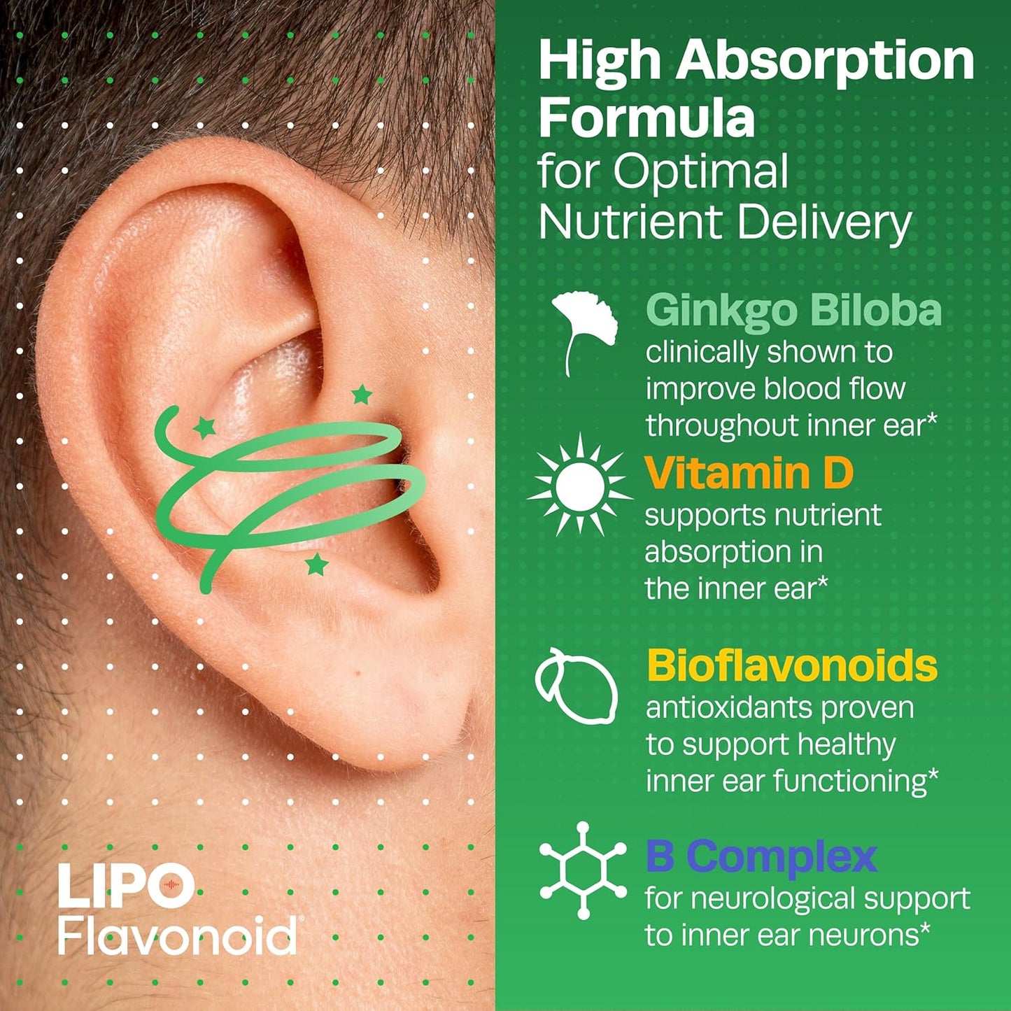Lipo-Flavonoid Balance Support Supplement - Inner Ear Health & Vertigo Relief with Ginkgo Biloba, Bioflavonoids, & B-Vitamins - Reduces Dizziness, Spinning, & Swaying - 30-Count