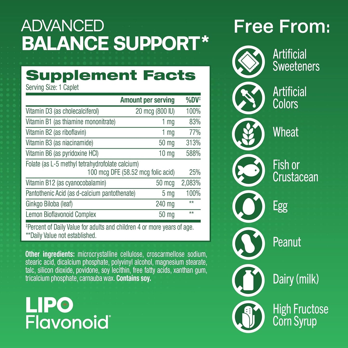 Lipo-Flavonoid Balance Support Supplement - Inner Ear Health & Vertigo Relief with Ginkgo Biloba, Bioflavonoids, & B-Vitamins - Reduces Dizziness, Spinning, & Swaying - 30-Count